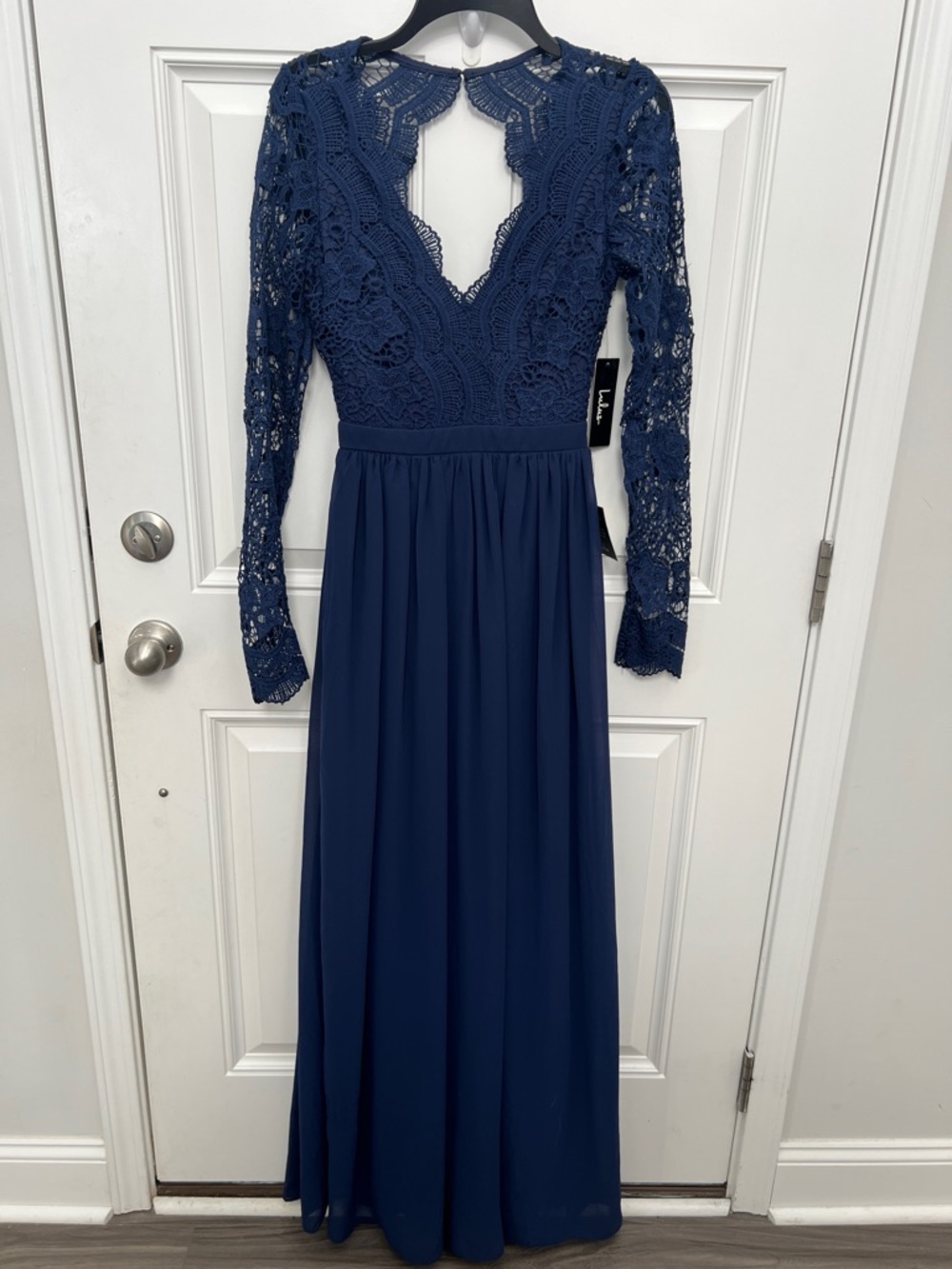 Lulus Awaken My Love Navy Blue Crochet Lace Long Sleeve Maxi Dress Small NWT